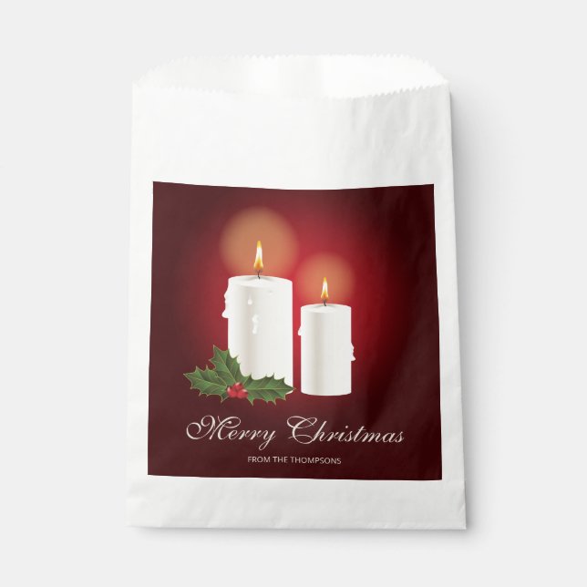 White Christmas Candles On Red With Custom Text Favour Bags (Front)