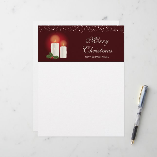 White Christmas Candles On Red With Custom Text Letterhead (Front/Back In Situ)