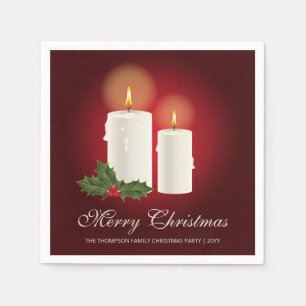 White Christmas Candles On Red With Custom Text Napkin