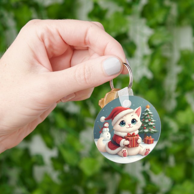 White Christmas Cat Button Key Ring (Hand)