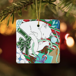 White Christmas Cat Ceramic Ornament