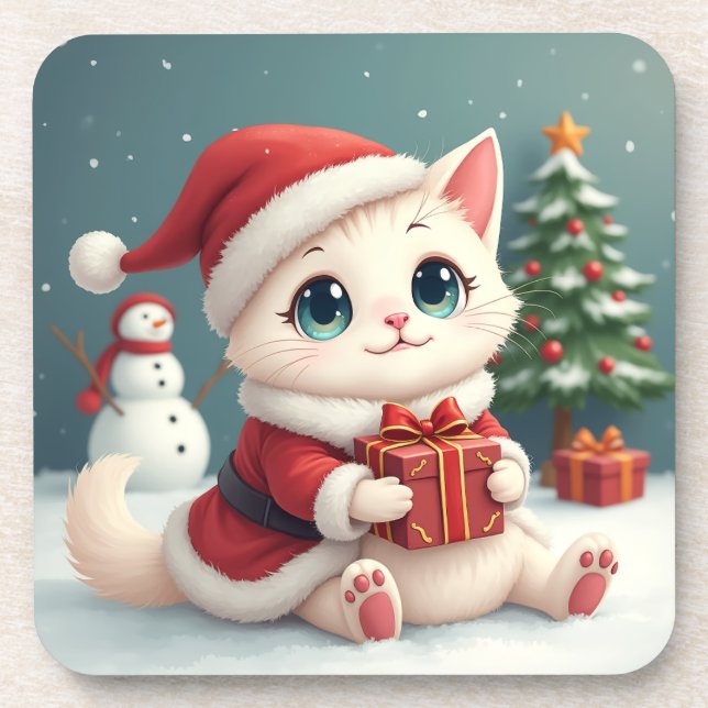 White Christmas Cat Coaster (Front)