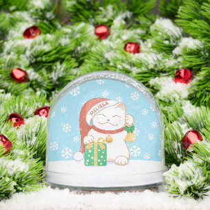 White Christmas Cat Custom Name Snow Globe