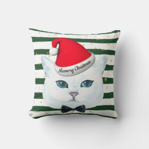 White Christmas Cat Green Stripe Accent Pillow