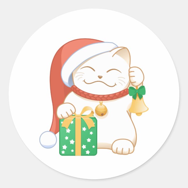 White Christmas Cat in a Red Hat Classic Round Sticker (Front)
