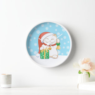 White Christmas Cat in a Red Hat Clock