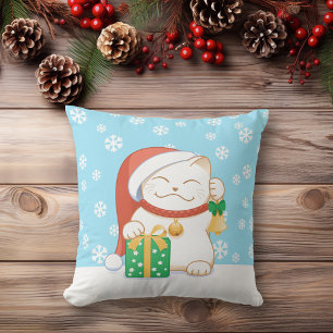 White Christmas Cat in a Red Hat Cushion