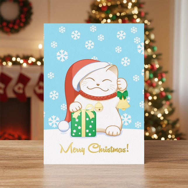 White Christmas Cat in a Red Hat Foil Holiday Card (Creator Uploaded)