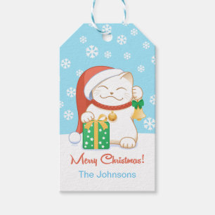 White Christmas Cat in a Red Hat Gift Tags