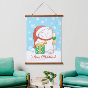 White Christmas Cat in a Red Hat Hanging Tapestry