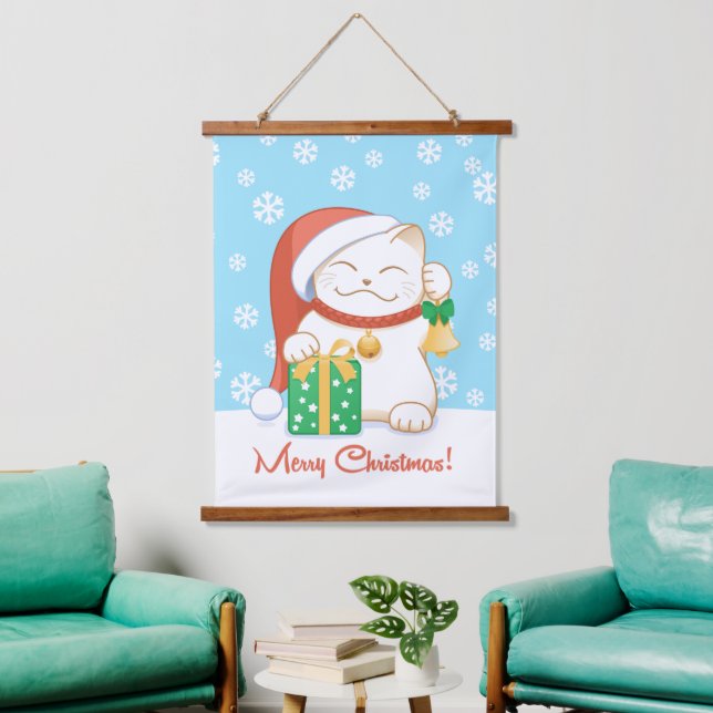 White Christmas Cat in a Red Hat Hanging Tapestry (Living Room)