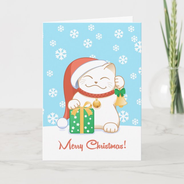 White Christmas Cat in a Red Hat Holiday Card (Front)