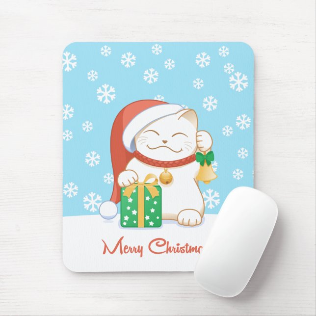 White Christmas Cat in a Red Hat Mouse Mat (With Mouse)