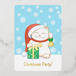 White Christmas Cat in a Red Hat Party