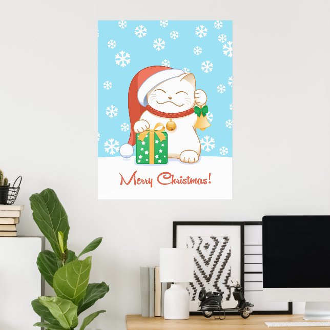 White Christmas Cat in a Red Hat Poster (Home Office)