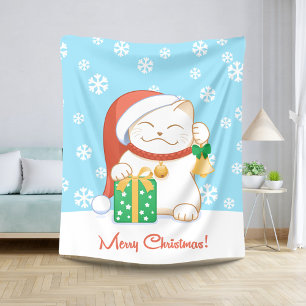 White Christmas Cat in a Red Hat Sherpa Blanket