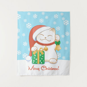 White Christmas Cat in a Red Hat Tapestry