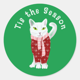 White Christmas Cat In Holiday Sweater Custom  Classic Round Sticker