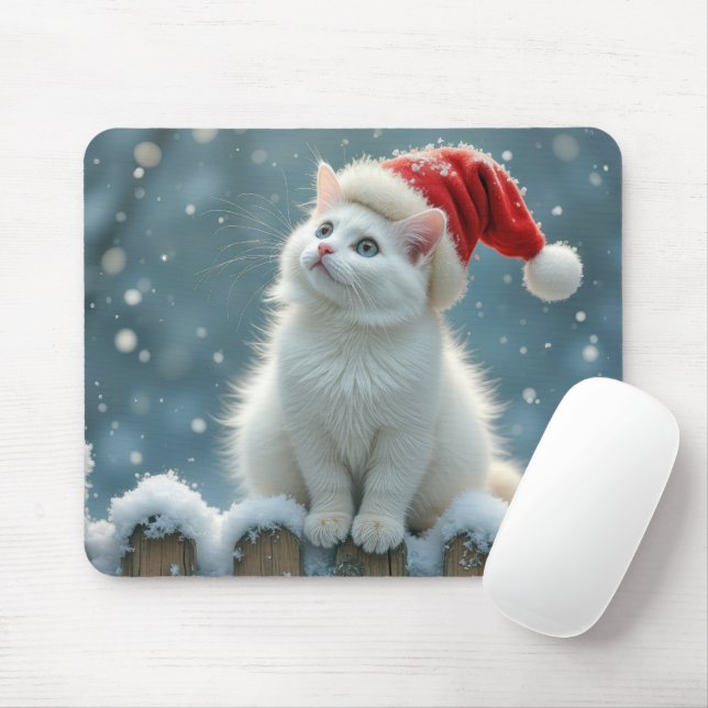 White Christmas Cat On a Snowy Fence Mouse Mat (With Mouse)
