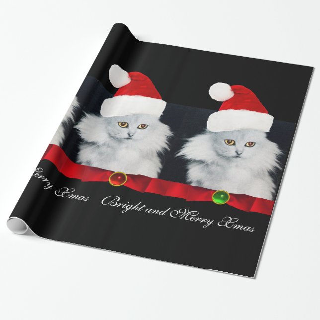 WHITE CHRISTMAS CAT,SANTA CLAUS HAT AND RED RIBBON WRAPPING PAPER (Unrolled)