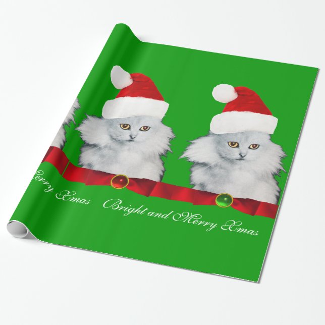 WHITE CHRISTMAS CAT,SANTA CLAUS HAT AND RED RIBBON WRAPPING PAPER (Unrolled)