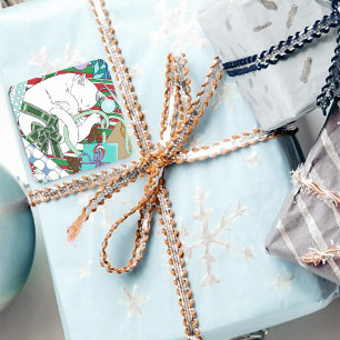 White Christmas Cat Square Sticker