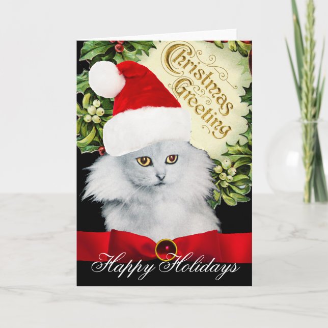 WHITE CHRISTMAS CAT WITH SANTA CLAUS HAT HOLIDAY CARD (Front)