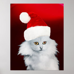 WHITE CHRISTMAS CAT WITH SANTA CLAUS HAT ,Red Ruby Poster