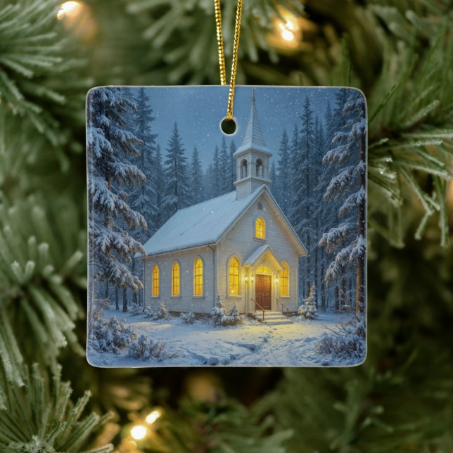 White Christmas Chapel In Winter Pines Ceramic Ornament (Tree)