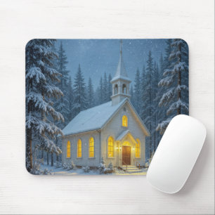 White Christmas Chapel In Winter Pines Mouse Mat
