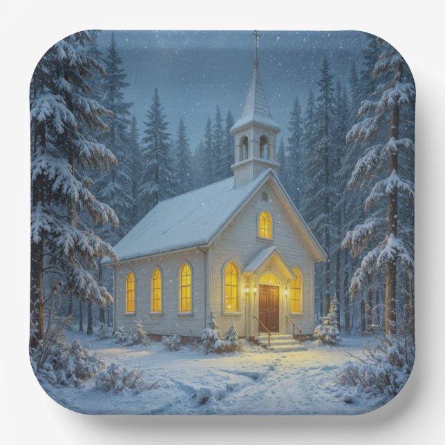 White Christmas Chapel In Winter Pines Paper Plate (Front)