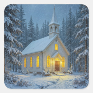 White Christmas Chapel In Winter Pines Square Sticker