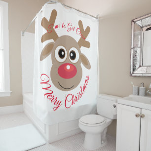 White Christmas Cute Cartoon Reindeer Red Script Shower Curtain
