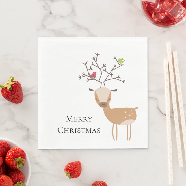 White Christmas Deer with Birds Napkin (Insitu)