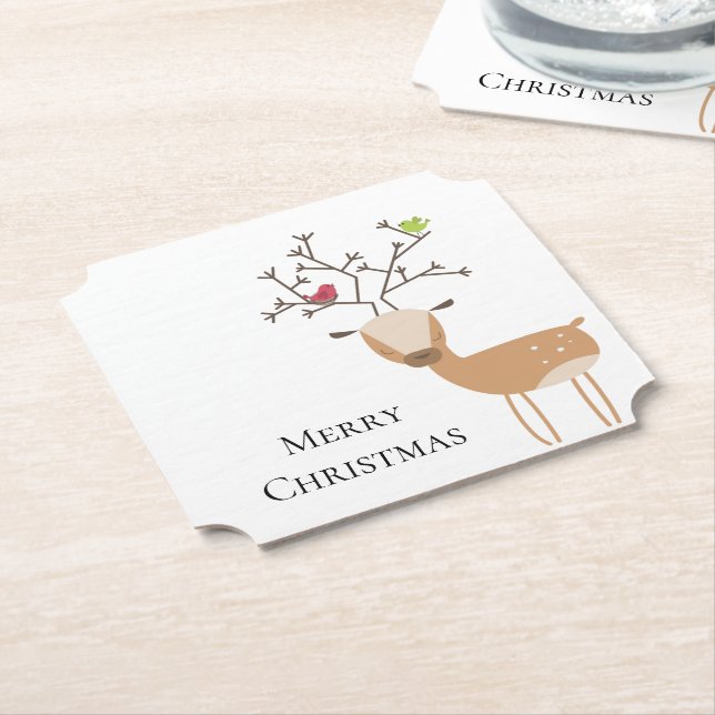 White Christmas Deer with Birds Paper Coaster (Angled)