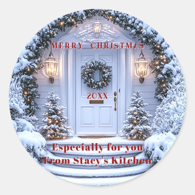 White Christmas Door Wreath Christmas Trees Lights Classic Round Sticker (Front)