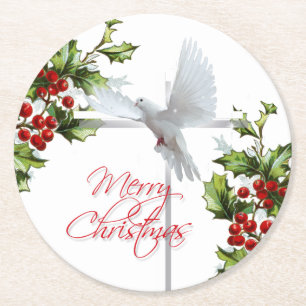 White christmas dove holiday berries n mistletoe round paper coaster