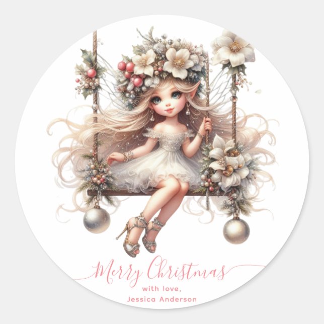 White Christmas Fairy  Classic Round Sticker (Front)