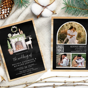 White Christmas Fireplace QR Code Black Wedding Invitation