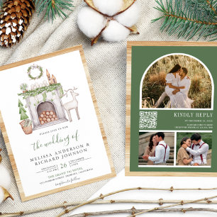 White Christmas Fireplace QR Code Wedding Invitation