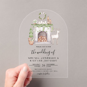 White Christmas Fireplace Wedding Acrylic Invitations