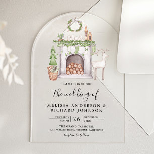 White Christmas Fireplace Wedding Acrylic Invitations