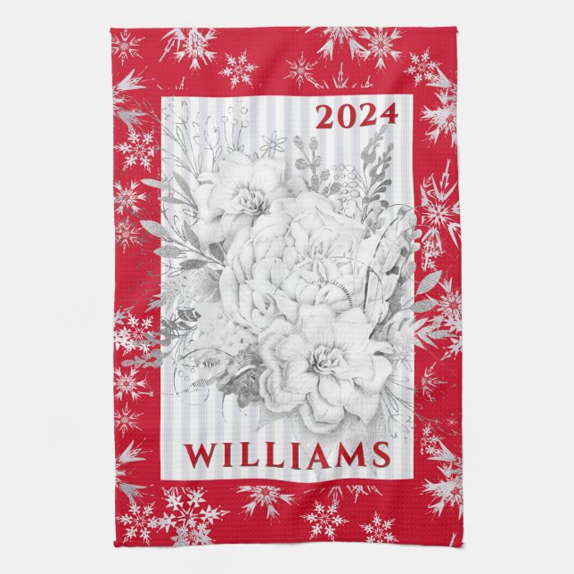 White Christmas Flower Faded Stripe Tea Towel (Vertical)