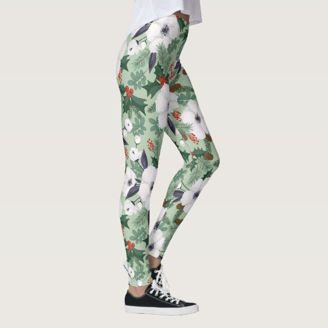 White Christmas flowers and red berries pattern Leggings (Right)