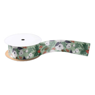 White Christmas flowers and red berries pattern Satin Ribbon