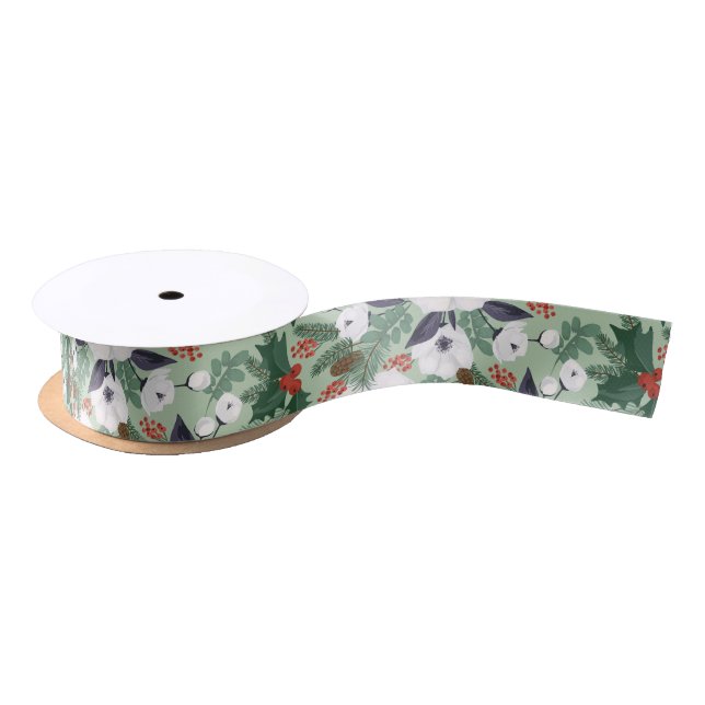 White Christmas flowers and red berries pattern Satin Ribbon (Spool)