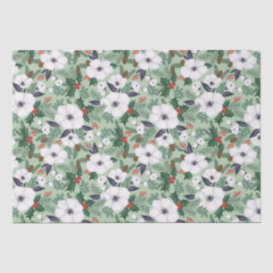 White Christmas flowers and red berries pattern Tissue Paper