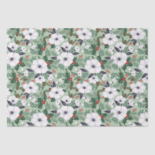  White Christmas flowers and red berries pattern Tissue Paper (Front)