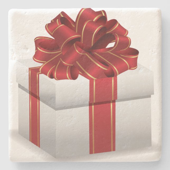White Christmas Gift Red Ribbon Stone Coaster (Front)