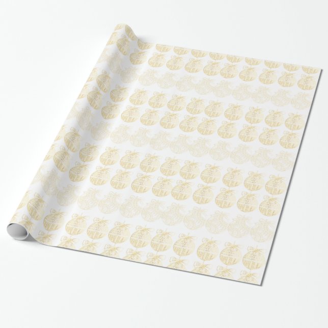 White Christmas Gift Wrap with Gold Ornaments (Unrolled)
